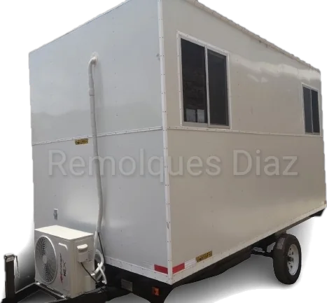 Oficina móvil blanca con ventanas y aire acondicionado