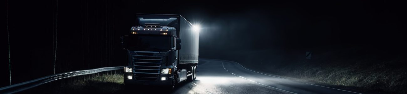 An image of a truck driving at night: The image show a transport truck driving on a dark road at night. In the dark and moody background. Generative AI An image of a truck driving at night: The image show a transport truck driving on a dark road at night. In the dark and moody background. Generative AI